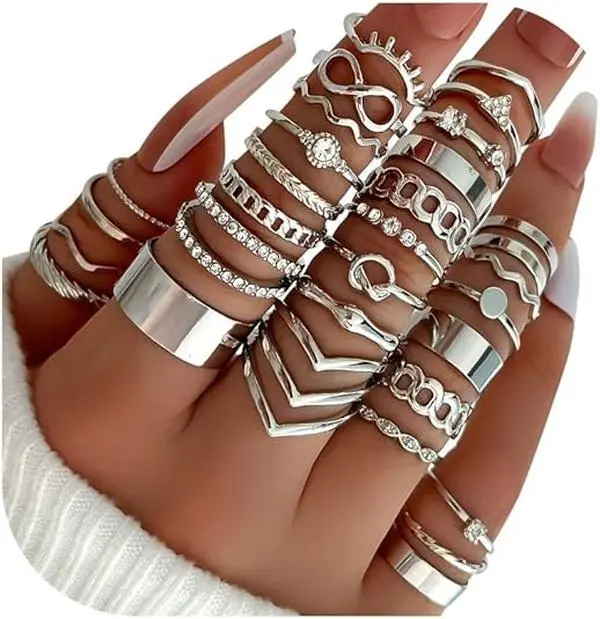 Silver Stackable Rings Set foen,  Dainty Non TarnishKnuckle r WomRings with Pearl, Rhinestone, Moon, Star & Butterfly, Midi Thumb Finger Rings Jewelry