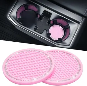 Cup Holder Coasters for Car, 2 Pack Universal Anti-Slip Car Coasters with Crystal Rhinestone, 2.75 inch/6.98 cm PVC Cup Holder Insert Coaster, Pink Car Accessories (Pink with Diamond)