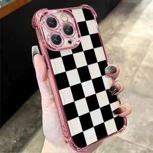 1pc Checkerboard Shockproof Four-corner Thickened Mobile Phone Case for iPhone 17 Air 16 15 14 13 12 11 Pro Max Plus border Electroplating with counter-fall Safety Cushion 2D printing