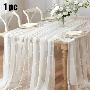 1pc-Faux Pearl Decor Table Runner, Wedding White Pearl Tulle Tablecloth, Wedding Arch Decoration Reception Bridal Shower, Party Decoration, Chair Streamer, Event Background Wall Decor,Christmas, Wedding Decoration Nylon Mesh Fabric New Pearl Hollow Mesh F