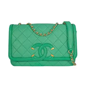 Pre-owned CHANEL Caviar Crossbody Bags Quilted Filigree Flap Small Green