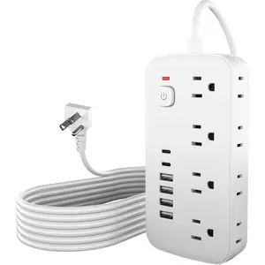 Versatile 14-in-1 Power Outlet with 8 AC Outlets and 6 USB Ports (4A and 2C) - Short Cord, Ideal for Travel, 1080J Surge Protection, Wall Mount, Desktop  (White, 5FT)