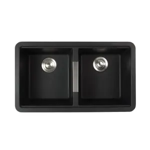 212 MAIN Kraus KGU-434B 33-in Undermount Rectangle Double Bowl Kitchen Sink, 50-50 Dual Bowls, Heat Resistant Black Onyx Granite Material