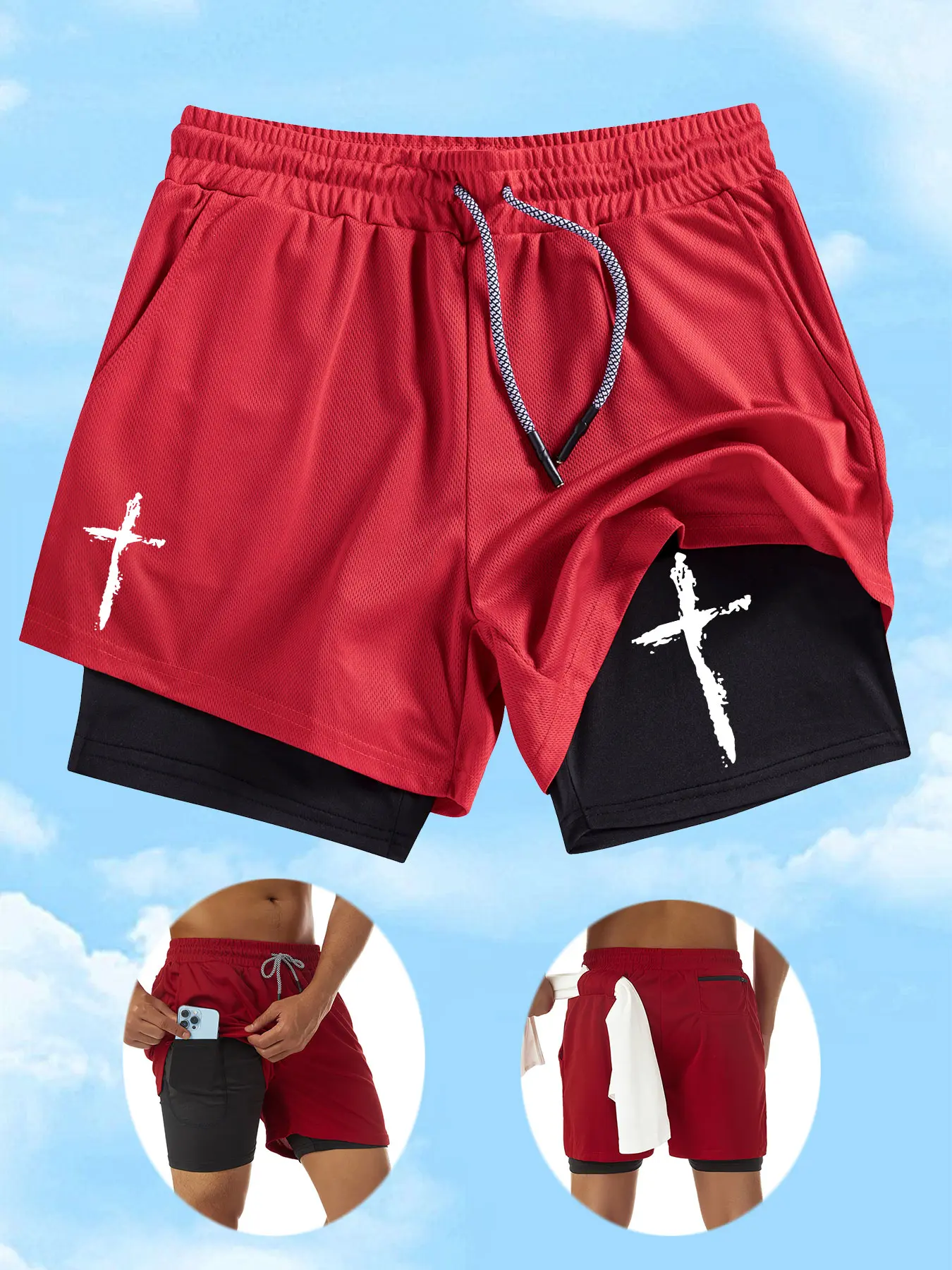 Men's Cross Print Basketball Training Shorts, Multi-Pocket Double-Layer Sports Pants, Breathable Comfortable Outdoor Running Gym Wear, Workout Shorts, Athletic Wear Shorts, Shorts Sportswear