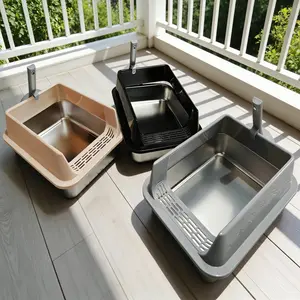 Stainless steel cat litter box, equipped with a plastic basin, a high-sided rectangular cat litter tray, suitable for small cats and dogs, splash-proof, easy to clean; 3 colors available. (Model: DM049)