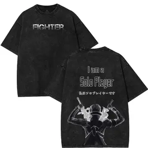 Sword Art Online Kirito SAO B&W V3 Japanese Anime Oversized Graphic Tee Vintage Y2K Trendy Design Casual Printed Acid Washed Cotton T-Shirt Unisex Streetwear, Apparel Classic Crewneck Top Manga Movie Menswear, Gift Fan Lover Merch