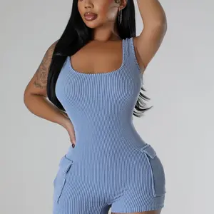 Women denim blue shorts open back Romper bodysuit Comfortable Fit