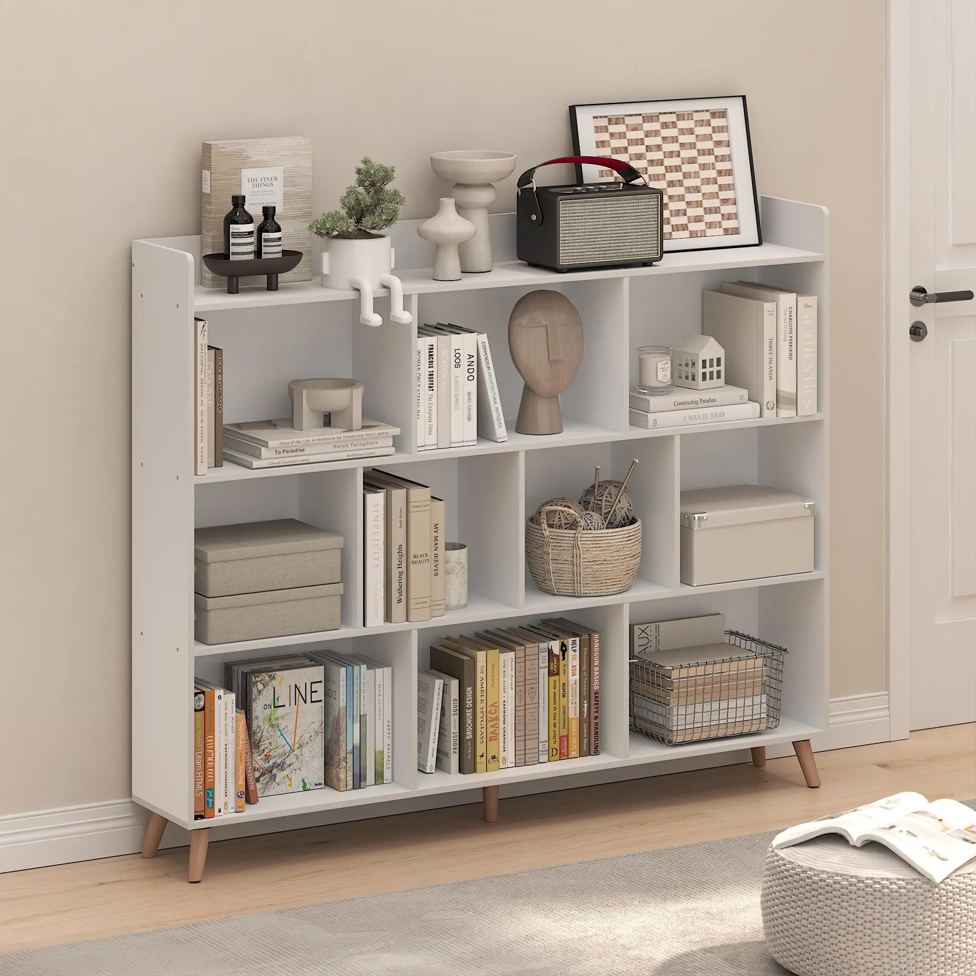 White Mid-Century CLAUDE 10-Cube Engineered Wood Freestanding Bookshelf - Durable Fixed-Shelf Living Room Furniture with Wooden Legs, Single Unit, 9.5d x55.1w x46.1h in, for Books, Home Library, Toy Organization, Contemporary Display & Storage Organizer