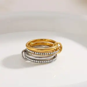INTERLOCKED STACKABLE ZIRCON STAINLESS STEEL 18K GOLD PLATED PVD NON-TARNISH RINGS for Stylish Elegance 750/18K Non-Tarnish Material & Stackable Design Perfect for Daily Wear & Gift-Giving