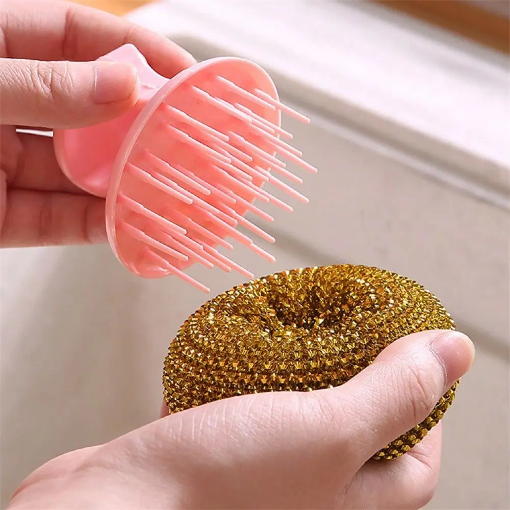 3pcs Steel Wool Pot Brush Set | Heavy Duty Scouring Pads | Kitchen Pan & Pot Cleaner | Short Handle Dish Brush