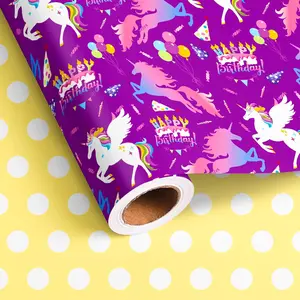Reversible Unicorn Wrapping Paper Roll for  Girls - Girl Birthday Cake  Wrap Sheets for  Shower Party Decoration Total 28.5sq.ft
