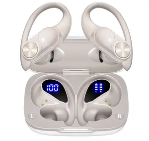 Bluetooth Headphones Wireless Earbuds 80hrs Playtime Wireless Charging Case Digital Display Sports Ear buds with Earhook Waterproof Over-Ear Earphones for TV Phone Laptop Contrast Color (Pearl Gray)