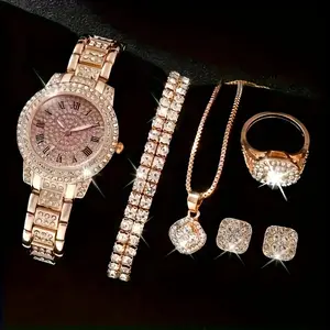 Unisex 5pcs Fashion Jewelry Gift Set - Roman Numeral Quartz Watch With Bracelet, Ring, Necklace & Earrings - Elegant Accessory Set For Birthday, Valentine'S Day, Or Family Gifts