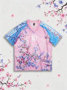 Cherry Blossom Mesh T-Shirt, Blue Colorblock V-Neck, Full Cherry Print + Number 10, Breathable Sporty Style, Loose Fit Unisex