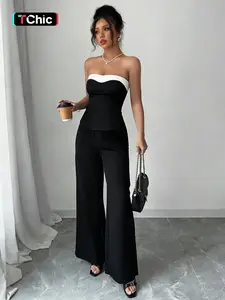 Women's Spring Summer Off-Shoulder Crop Top & Wide Leg Pants Set, Elegant Commuter, Chic, Casual, Comfortable Fit for Daily Wear, Womenswear