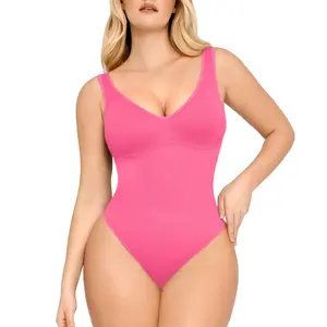 FeelinGirl Tummy Control Bodysuit for Women Slimming V Neck Bodysuits Snatched Waist Body Suit Shaping Thong Seamless  Underwear Vneck Sleeveless Womenswear Tops