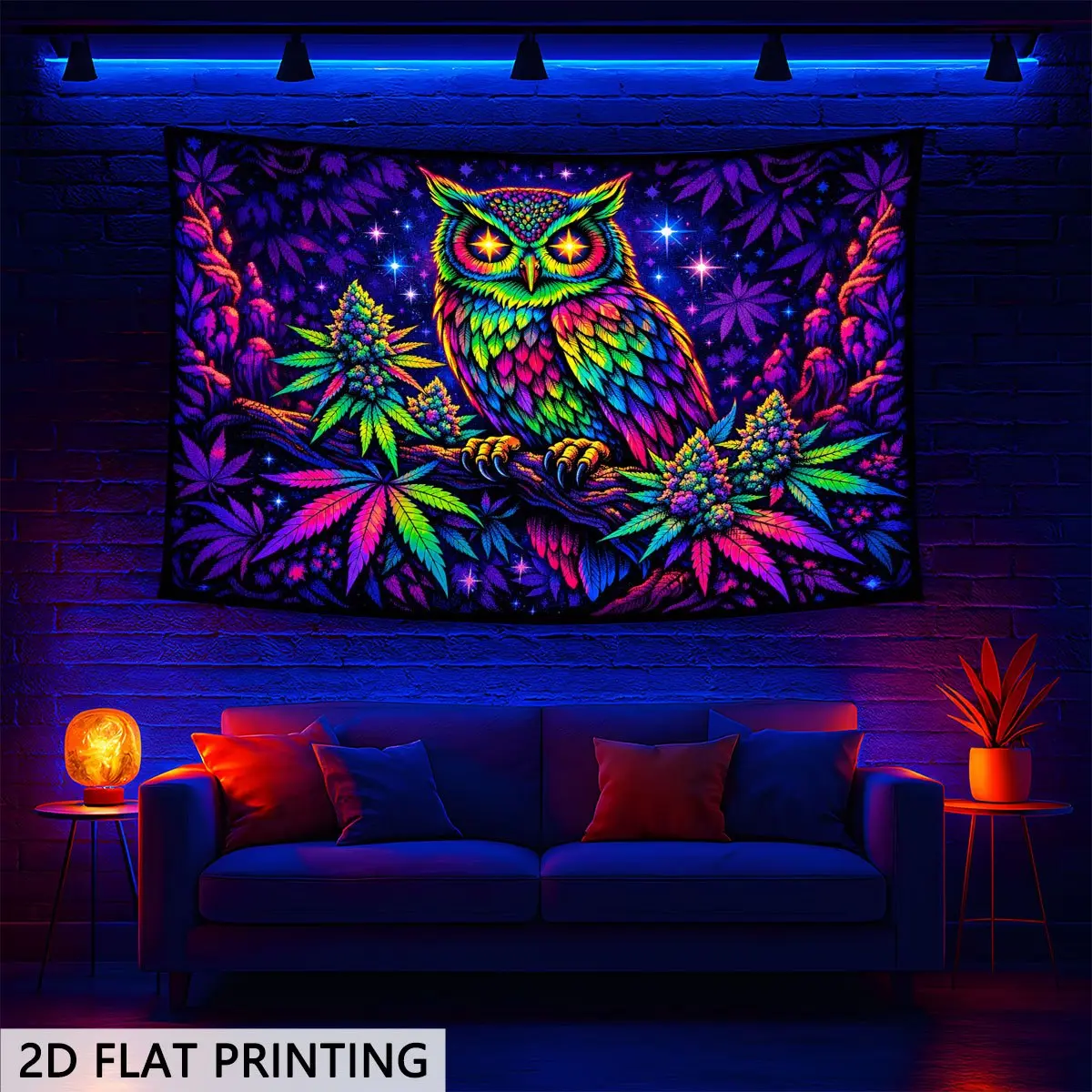 2d Flat, 2d Flat Printing Neon Owl Forest Fluorescent Tapestry Fashion Home Decor Psychedelic Boho Style Lightweight Material Perfect Home Ambience, 2d Flat