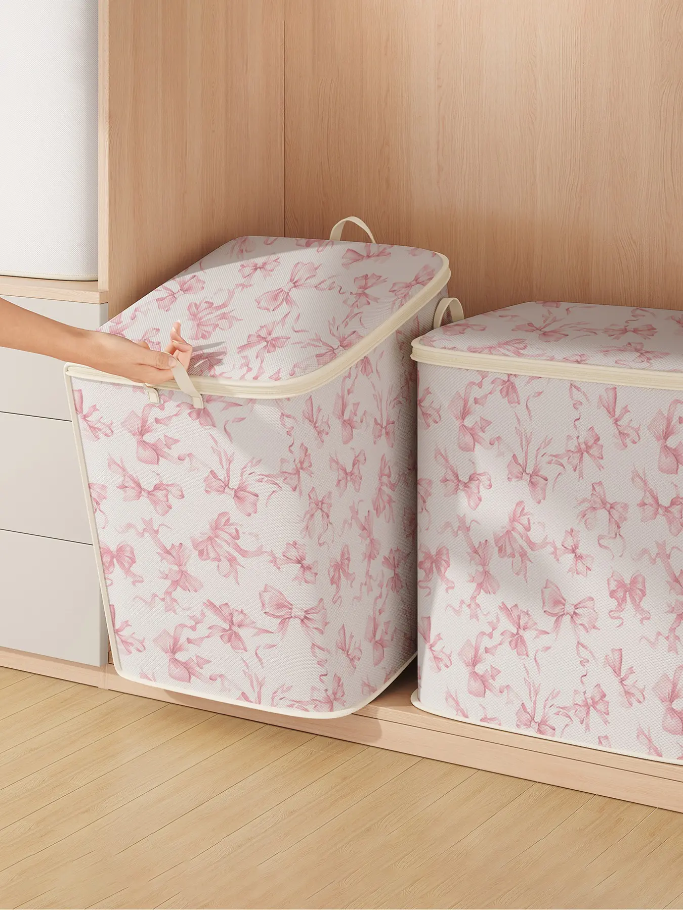 Large Capacity Storage Box with Bow Pattern, Decorative Foldable Fabric Bag, Versatile Storage Bag for Blankets & Clothes, Durable Home Organizer Gift, Blanket Storage Bags, Multifunctional Storage Solution