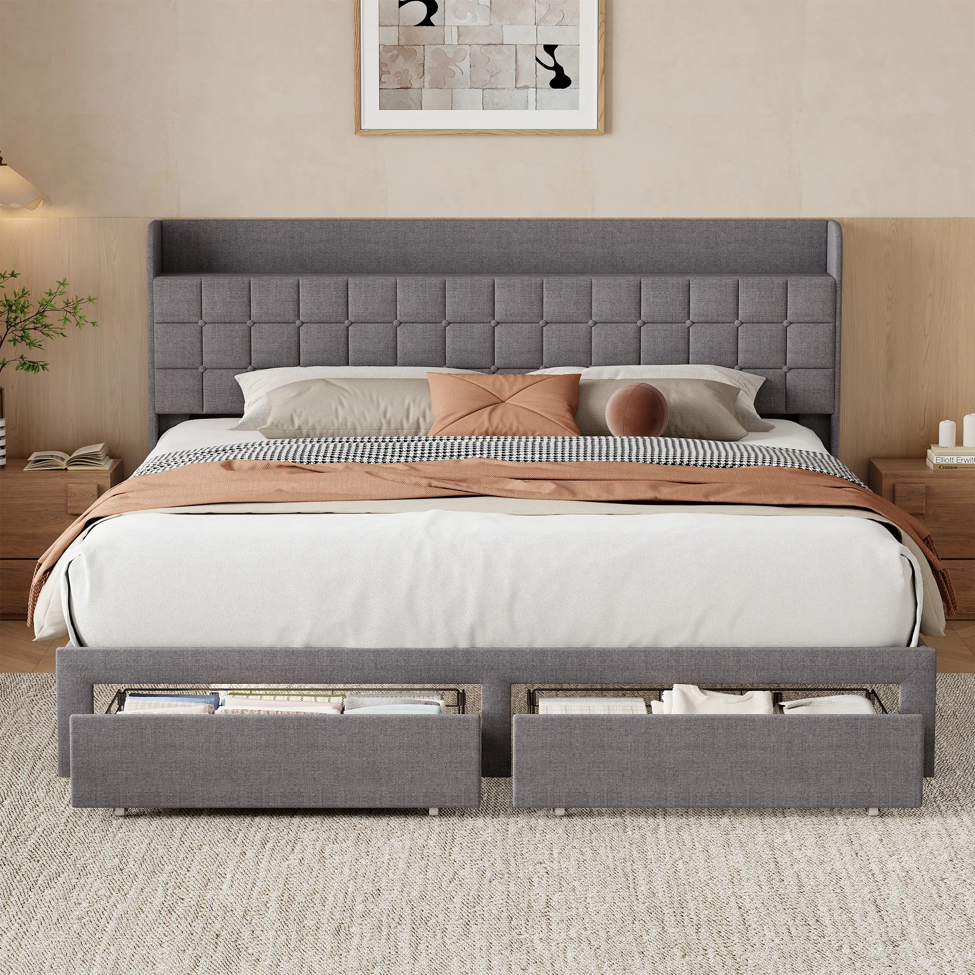 Sweetcrispy Heavy-Duty Hybrid Upholstered-Metal Platform Queen Bed Frame with Fabric Headboard, King Size Option, 2 Metal Storage Baskets, Easy Assembly, Contemporary Indoor Apartment Furniture