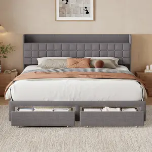 Heavy Duty Platform Bed Frame with Storage,2 Metal Baskets&Upholstered Headboard