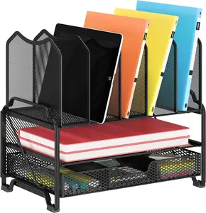 Simple Trending Mesh Desk File Organizer, Office Supplies Desktop Storage with Sliding Drawer, Double Tray and 5 Upright Section Sorter Organizer, for Office, Home, Black