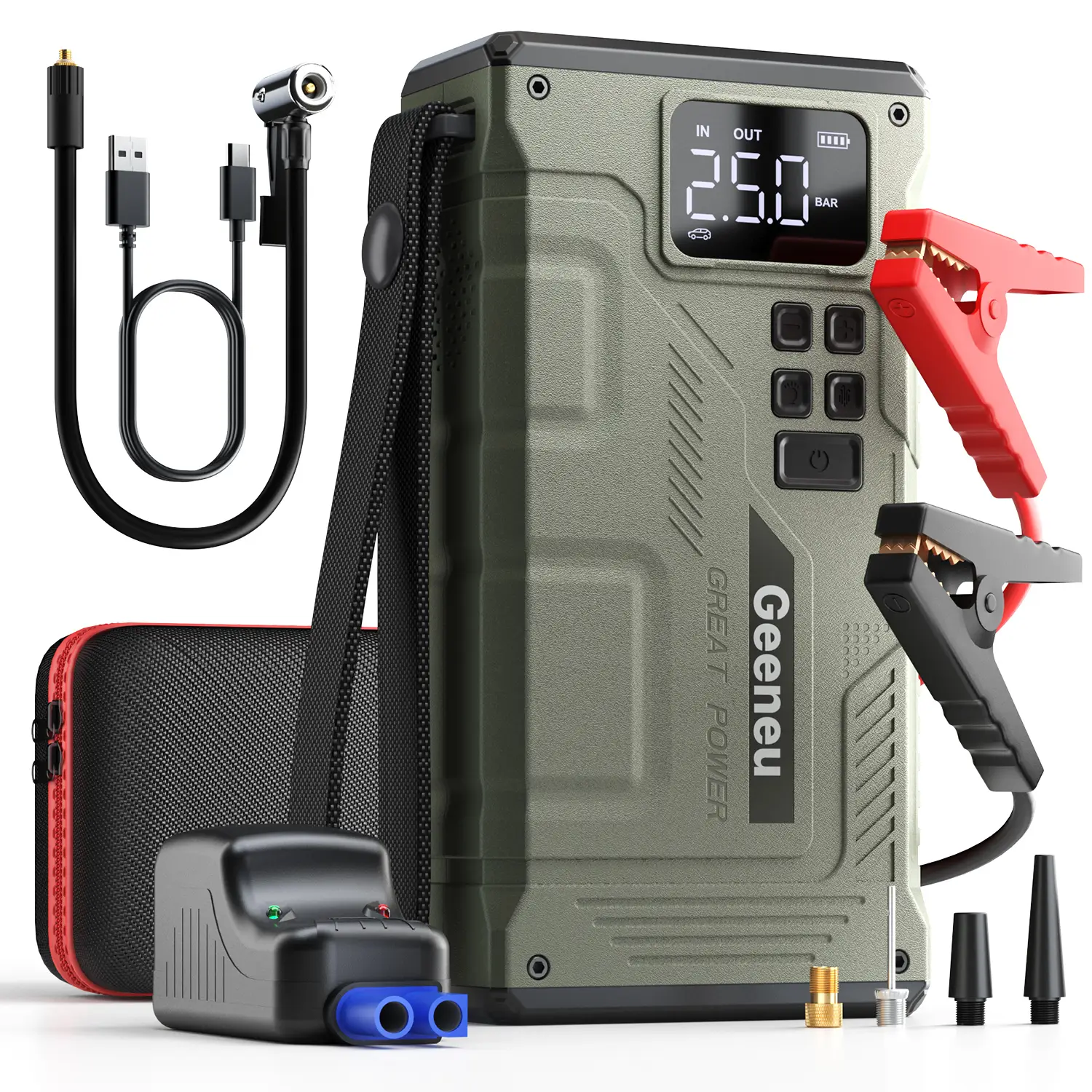 16800mAh [ 5 in 1 Function ] Geeneu Portable Car Jump Starter With Air Compressor 6000A (10.0L Gas, 9.0 L Diesel) With 150 PSI Tire Inflator, 12V Car