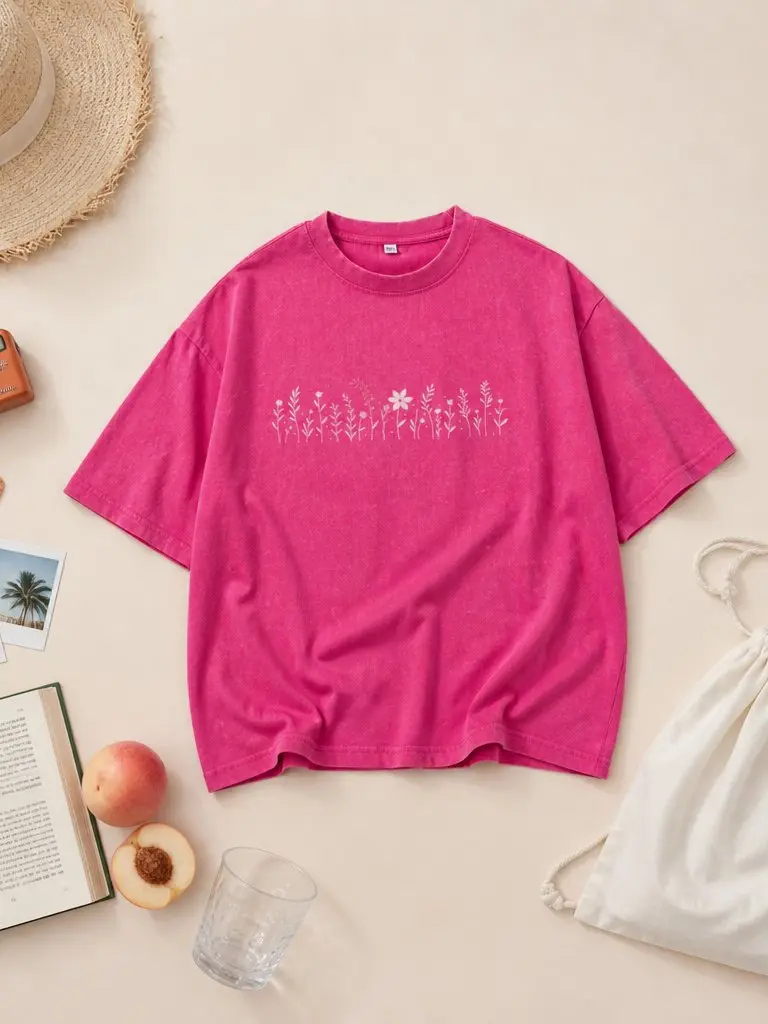 Oversized Graphic T Shirts for Women Men Vintage Washed Unisex Tees, 100% Cotton Drop Shoulder Minimal Light Gray Line Art Wild Botanical Stripe Retro Soft Casual Streetwear Shirt Tops Crew Neck