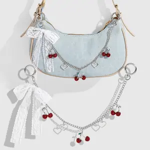 1 piece Y2K unique sweet‑cool retro fashion silver chain, red/black resin rhinestones cherry star heart multicolor lace trim bow DIY bag charm pendant ornament suitable for girls’ everyday wear holiday gift