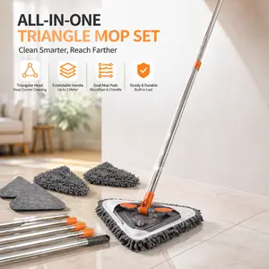 360-Degree Rotatable Triangle Mop, Long-Handled Adjustable Cleaning Wand Mop with 2m Rod, 3 Fiber Cloths, 3 Chenille Cloths, Microfibre Wet/Dry for Floor & Ceiling Cleaning, Cleaning Wand Mops