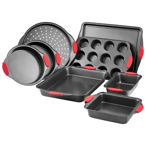 【Summervibes】VEVOR Baking Pans Set,  , 8-Piece, Nonstick Carbon Steel Cookware Sheets & Trays, Stackable Kitchen Oven Bakeware Cooking Sets with Silicone Handles, Easy to Clean, for Baking Cookie Cake Muffin Bread