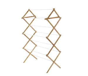 Space-Saving Collapsible Bamboo Laundry Drying Rack Foldable Eco-Friendly Air-Dry Stand with Multiple Rods for Clothes Towels & Delicates