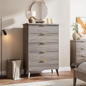 Modern Grey Grooved-Front Dresser with Faux Marble Top, 5 Deep Drawers, 47in Tall Thickened MDF Chest, Curved Profile, Angled Legs, Includes Instructions for Bedroom, Living Room