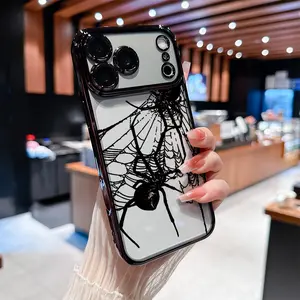 Trendy black spider Pattern Soft silicone Phone Case for iPhone 17 Pro Max Air 16 Pro Max 15 Plus 14 13 12 11 All-inclusive lens Anti-drop Transparent Electroplated Protective Cover