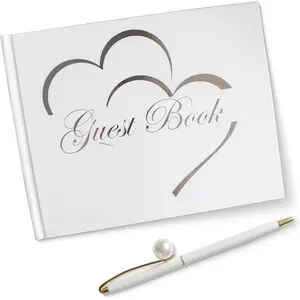 Wedding Guest Book, Guest Book with a Pen, White Guest Book Wedding Reception, Guest Book with Gray Heart Design, Wedding Guest Book Pictures with 100 Lined and White Pages.