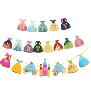 Magical Princess Theme Happy Birthday Banner, 3-Piece Fairytale Castle & Carriage Garland, Royal Princess Dress Party Decor for Girls Baby Shower & Birthday Backdrop