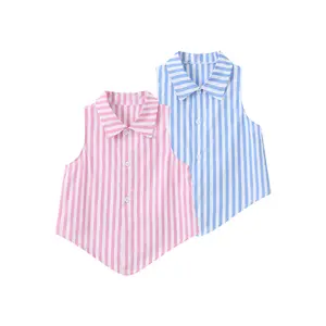 2-piece #SummerVibes set girls' fresh striped sleeveless shirt with collar and button design, breathable summer collared shirt, popular daily casual versatile top for girls