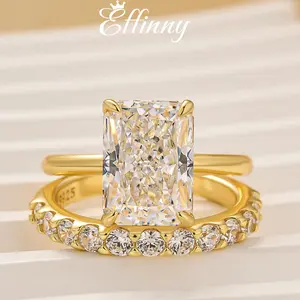 Effinny Jewelry Elongated 5.5ct Yellow Gold Plated Radiant Cut Wedding Ring Set for Women, AAAAA Cubic Zirconia Solitaire Promise Ring in 925 Sterling Silver