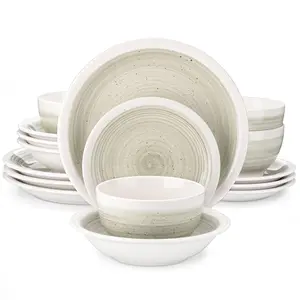 vancasso ORI 16-Piece Round Dinner Service with 4 Dinner Plates, Dessert Plates, Cereal Bowls and Pasta Bowls for 4 People, Beige, Blue, Green & Gray Ceramic Dinnerware Set Porcelain Dinnerware Sets