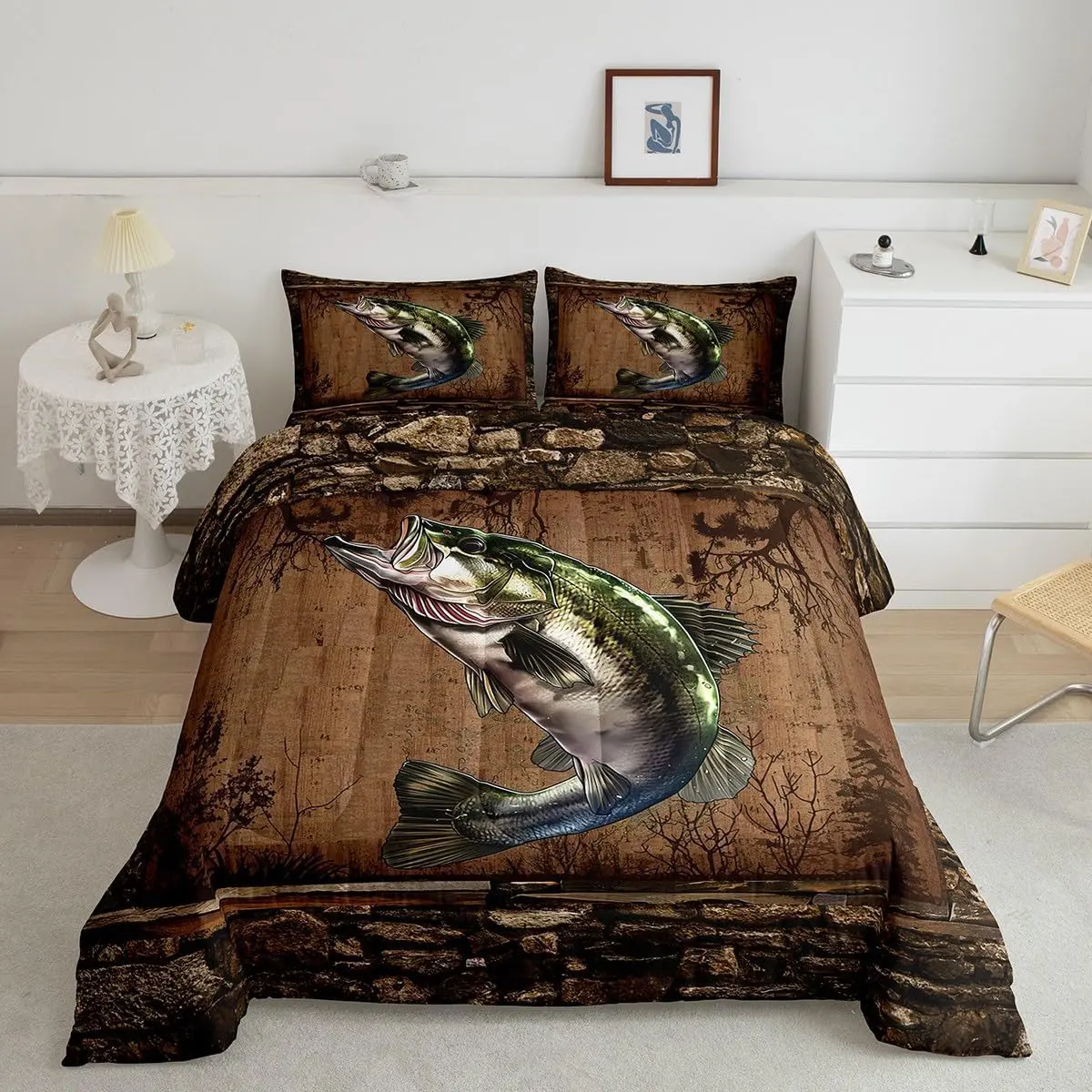 Feelyou Fish Hunting Marine Life Digital Print Duvet Set - Breathable Microfiber, Multi-Size, Decorative Rustic Cabin Country Bedroom Bedding Linens, Bedroom Bedding Set, Decorative Bedding Set