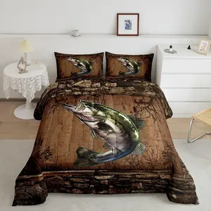 Fish Comforter Set,Fish Hunting Comforter,Room Rustic Cabin Country Bedding Set,Marine Life Sea Duvet Set
