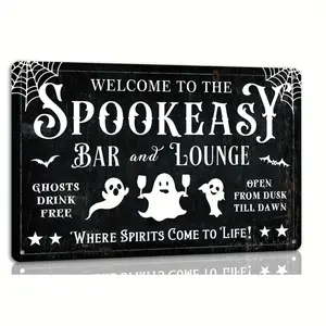 Vintage Halloween Metal Tin Sign - 8x12 in Pre-Drilled, UV-Protected, Waterproof Home Decor Plaque for Spookeasy Bar, Haunted House Wall Art