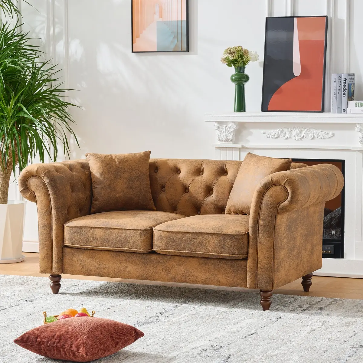 Modern Loveseat Couch, Chesterfield Sofa Couch, 66-inch PU Leather Loveseat Sofa with Rolled Arms and Tufted Button, Mid Century Modern 2-Seater Sofa Tufted Couch, Deep Seat Small Couch for Living Room, Office
