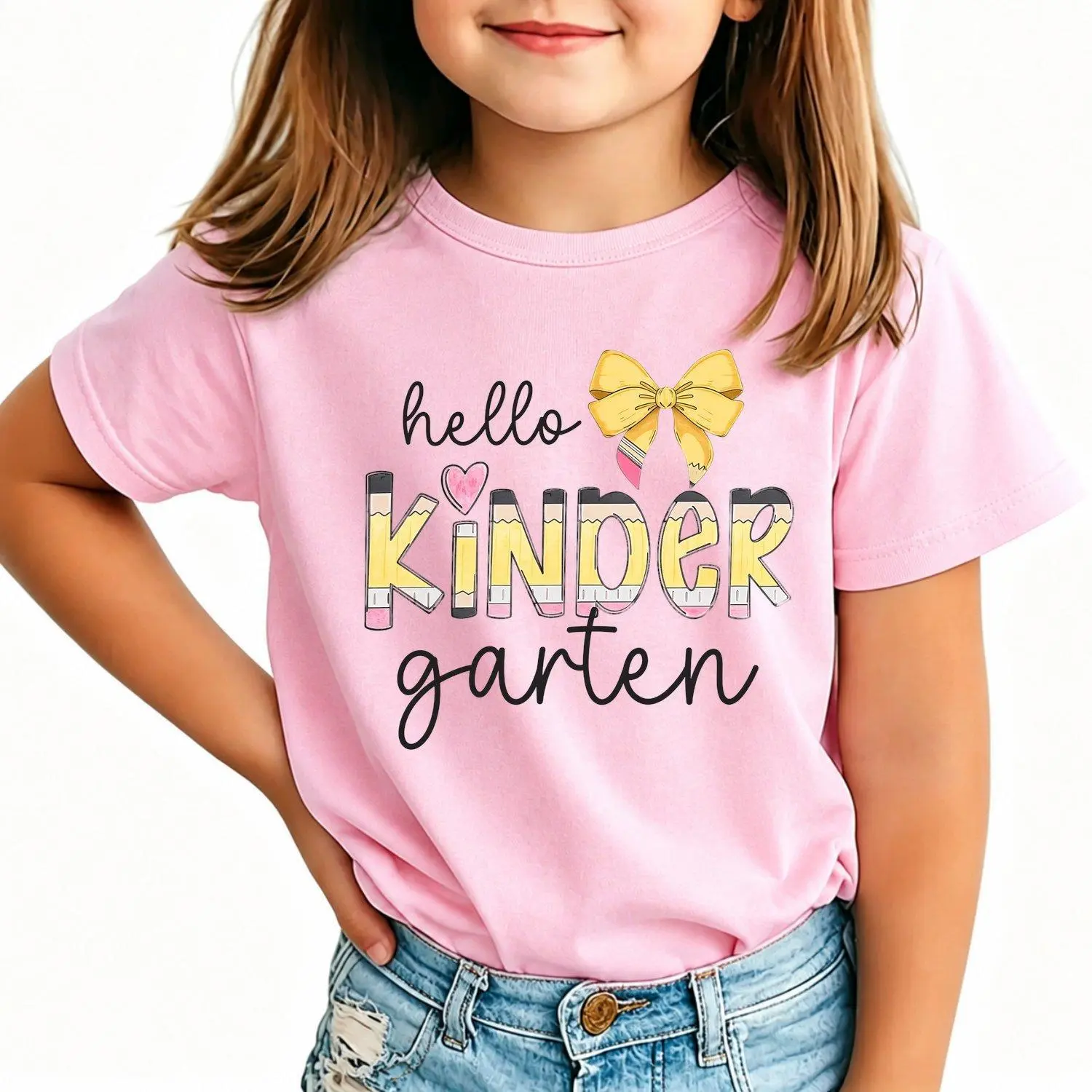 Hello Kindergarten Cute Bow Pencil Graphic Print Short Sleeve Crew Neck Top Casual Soft Breathable Summer Tee Clothes Girls T shirts Back to School Outfit for Little