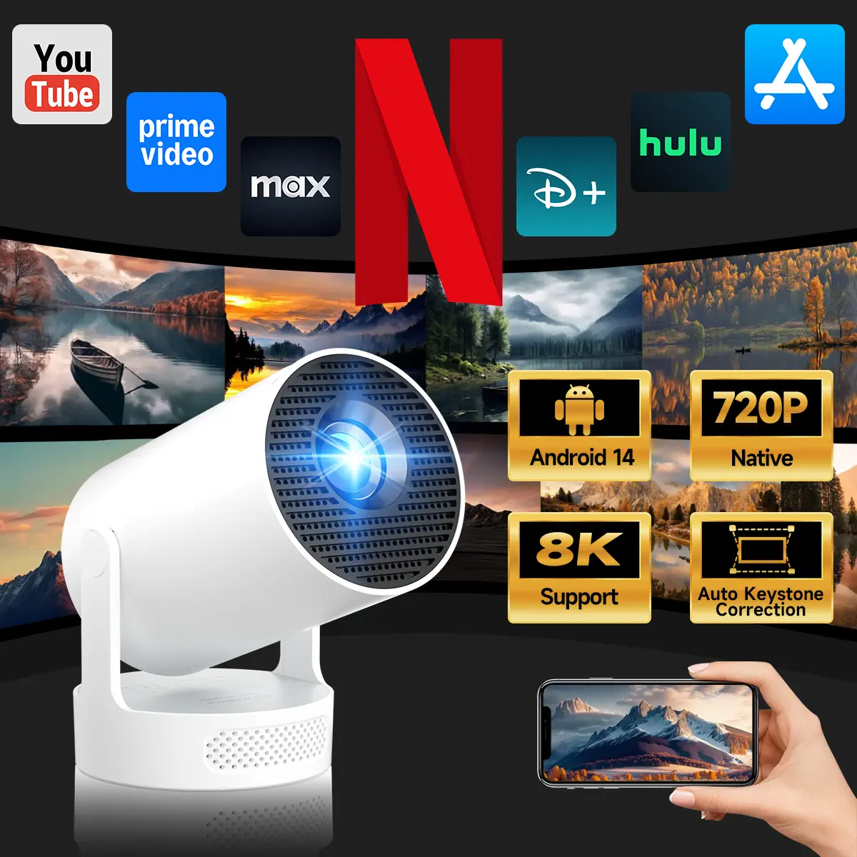 HY300Pro+ Projector with 8K Decode 290ANSI Auto Keystone Correction Built-in 5W speaker Dual BT5.4 Android 14 Native 1280*720P for Home Cinema Portable Movie Theater #tiktokshopstockup