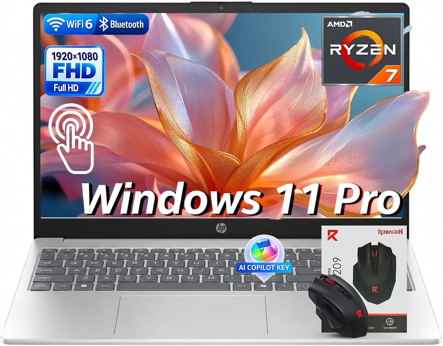 HP 15.6" FHD Display Touchscreen Laptop - AMD Ryzen 7 7730U, 16GB DDR4 RAM, 512GB/1TB/2TB SSD, AMD Radeon Graphics, WiFi 6, Long Battery Life, Built-in HD Webcam, Copilot Key, Windows 11 Pro, Silver