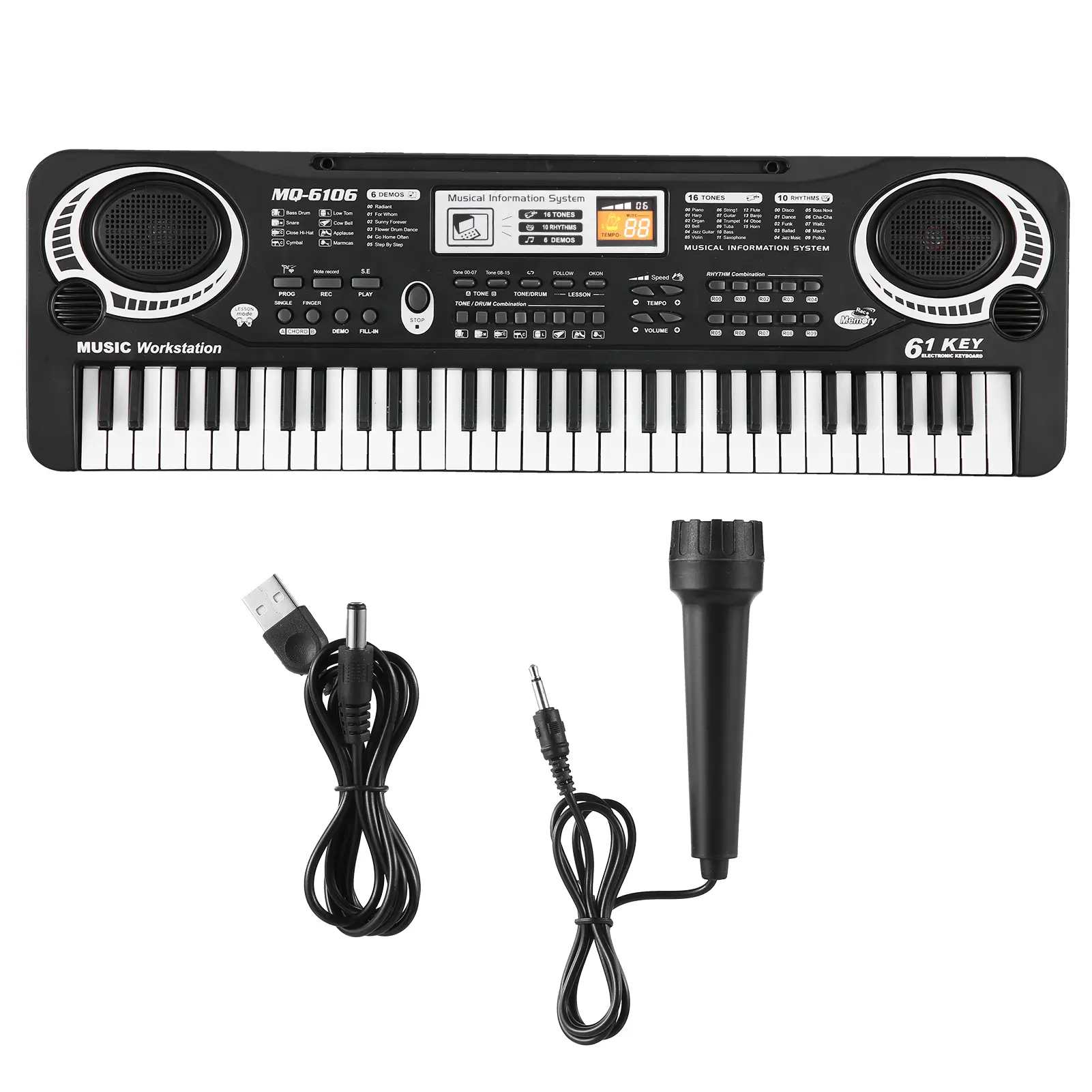 61-Key USB-Powered Kids' Toy Electronic Organ (ABS Plastic) - Digital Music Keyboard with Microphone, Black, Built-in Stereo Speakers, 16 Tones, 10 Rhythms, 6 Demo Songs, Boy Gifts, Music Gifts