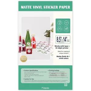 8.5x14 Removable Self-Adhesive Vinyl Sticker Paper, Waterproof, Legal Size, Suitable for Laser and Inkjet Printer, Matte White, 100 Pack