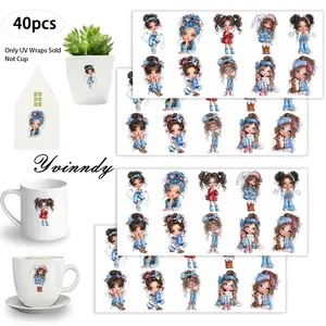 40Pcs/set Cute Girl Iron On Stickers For Cup Be Waterproof UV DTF Printable Vinyl Paper Fun Designs Durable Construction Long-Lasting Adhesion Must-Have For Craft Enthusiasts Cups Mugs Sticker Sold Only Sticker Not Cup