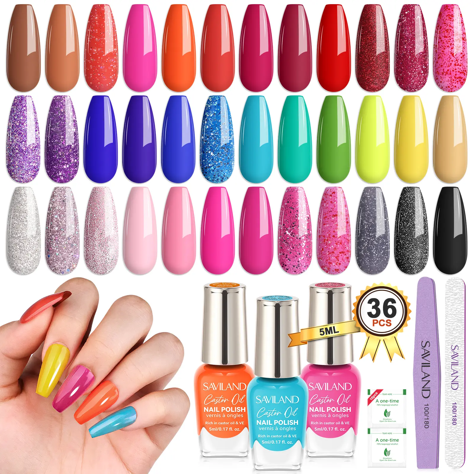SAVILAND 36pcs Nail Polish Set Rainbow of Colors Manicures Glitter Base Coat Top Coat & Acrylic Lacquer Perfect Beginners DIY Nail Art Nail Care