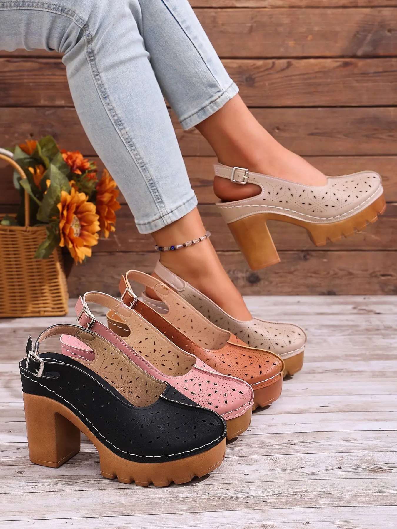 Petite Summer High Heels That Actually Stay On! Women Retro Fashion Cutout Platform Chunky Heels, Comfy for Vacation